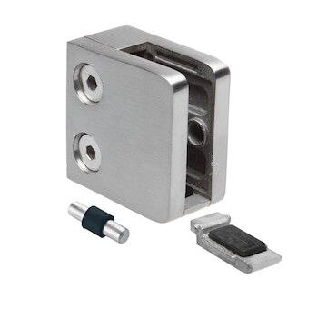 Držák skla 45x45x26mm s podpěrou a kolíkem, sklo 6-10.76mm - aisi304, na jekl, lesk