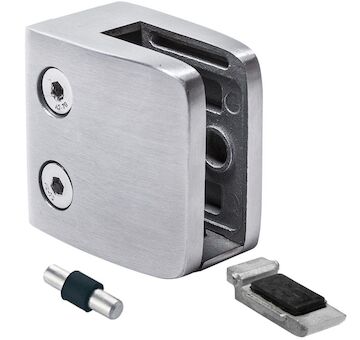 Držák skla 52x52x32mm s podpěrou a kolíkem, sklo 8-12.76mm - aisi304, na jekl, brus